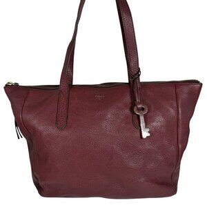 FOSSIL Sydney Tote Shoulder Bag Handbag Pebbled Leather Raisin/Burgundy + Charm
